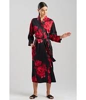 N by Natori Floral Printed Long Sleeve Shawl Collar Coordinating Satin Robe