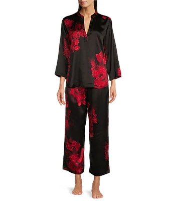 N by Natori Floral Satin Long Sleeve Mandarin Collar Coordinating Pajama Set