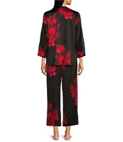 N by Natori Floral Satin Long Sleeve Mandarin Collar Coordinating Pajama Set