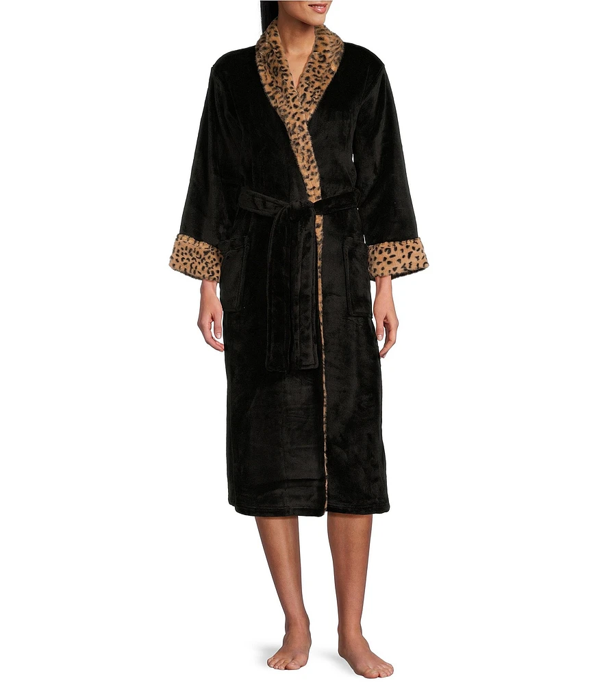 N by Natori Plush Lynx Animal Print Collar Cozy Robe