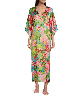 N by Natori Satin Enchanted Peony V-Neck Butterfly Caftan