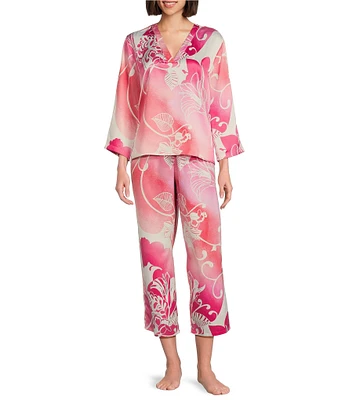 N by Natori Satin Floral Long Sleeve V-Neck Coordinating Pajama Set