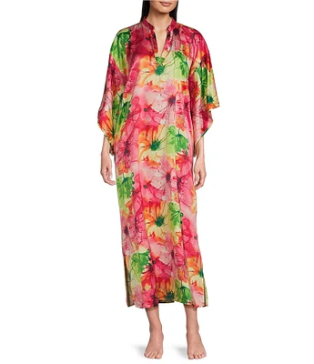N by Natori Satin Floral Print 3/4 Sleeve Mandarin Collar Butterfly Caftan