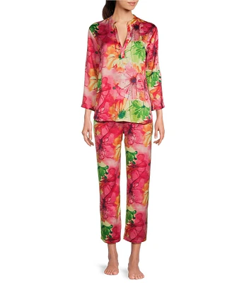 N by Natori Satin Floral Print Long Sleeve Mandarin Collar Pajama Set