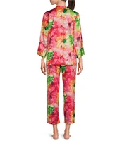 N by Natori Satin Floral Print Long Sleeve Mandarin Collar Pajama Set