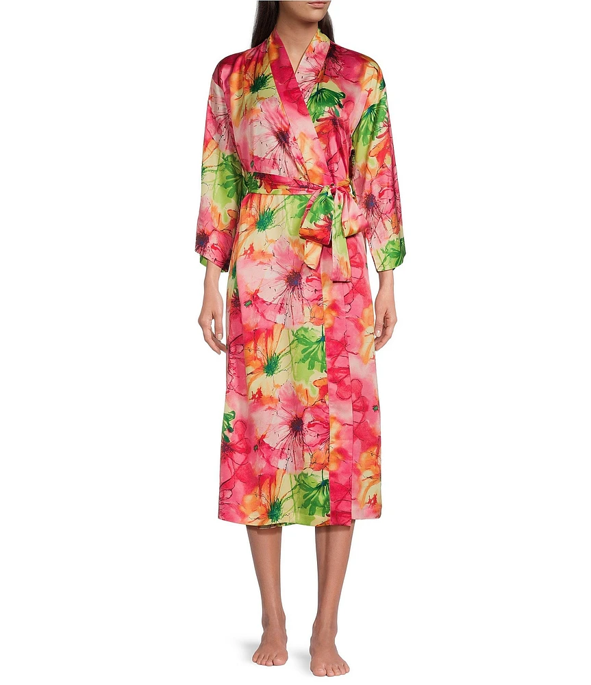 N by Natori Satin Floral Print Long Sleeve Shawl Collar Coordinating Robe