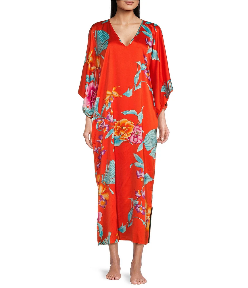 N By Natori Satin Floral Print V-Neck Butterfly Caftan