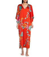 N By Natori Satin Floral Print V-Neck Butterfly Caftan