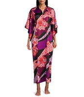 N by Natori Satin Floral Tapestry Mandarin Collar Butterfly Caftan