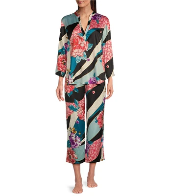 N by Natori Satin Floral Tapestry Print 3/4 Sleeve Coordinating Pajama Set