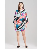 N by Natori Satin Floral Tapestry Print 3/4 Sleeve Mandarin Collar Nightshirt