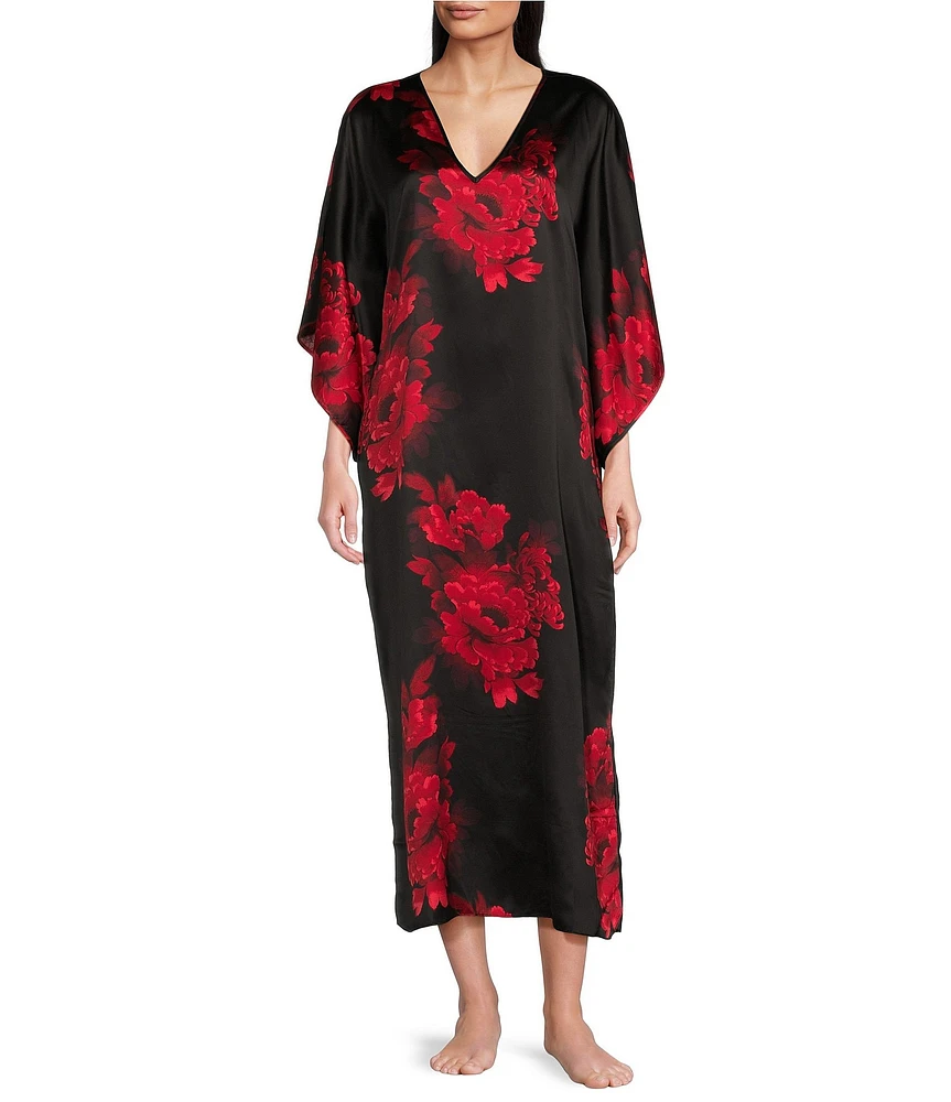 N by Natori Satin Floral V-Neck 3/4 Sleeve Butterfly Caftan