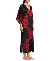 N by Natori Satin Floral V-Neck 3/4 Sleeve Butterfly Caftan