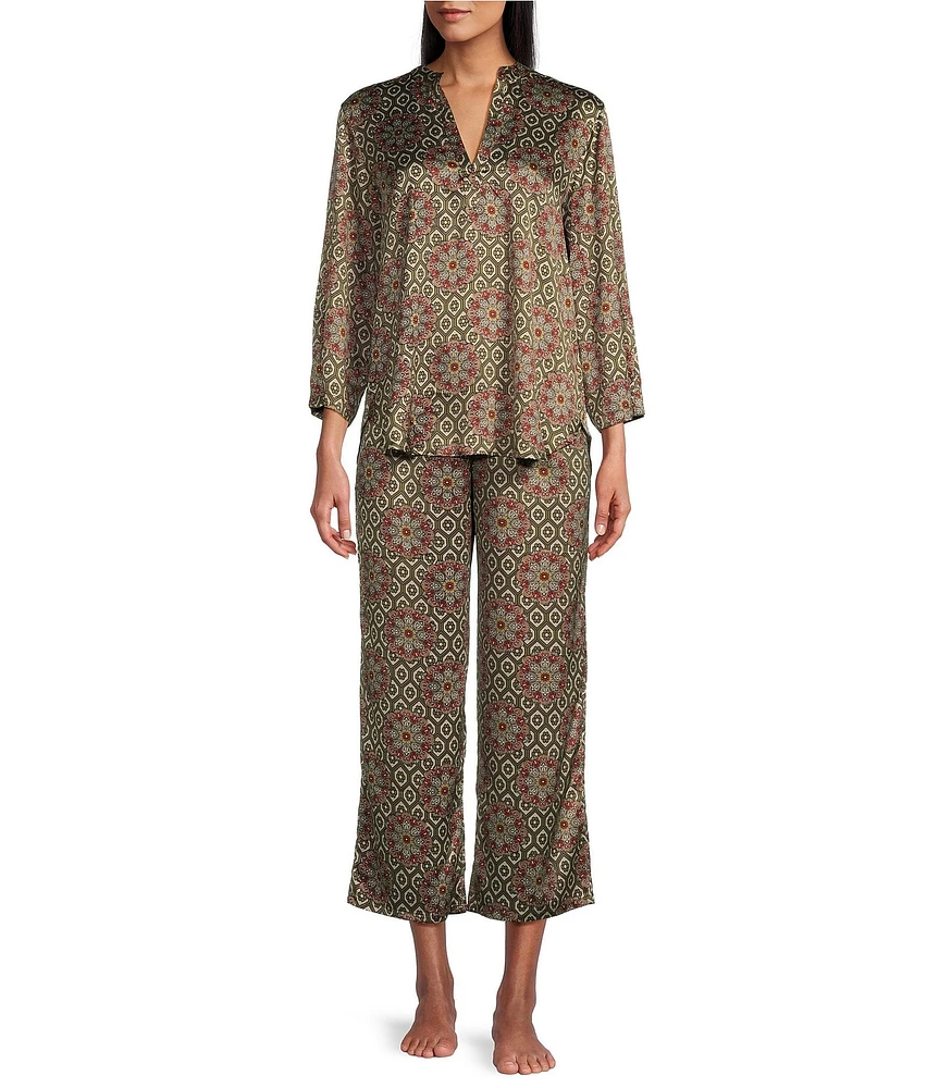 N by Natori Satin Geometric Print 3/4 Sleeve Coordinating Pajama Set