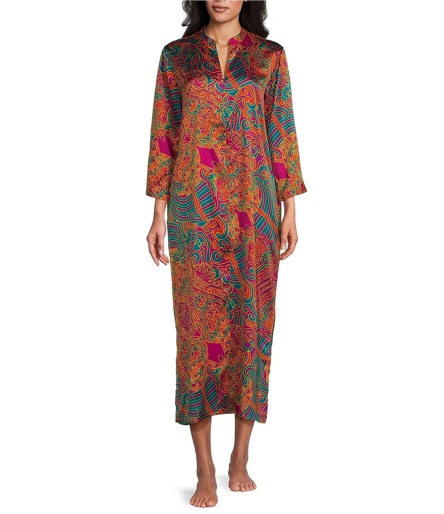 N by Natori Satin Kaleidoscope Printed 3/4 Sleeve Zip Front Caftan