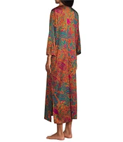 N by Natori Satin Kaleidoscope Printed 3/4 Sleeve Zip Front Caftan