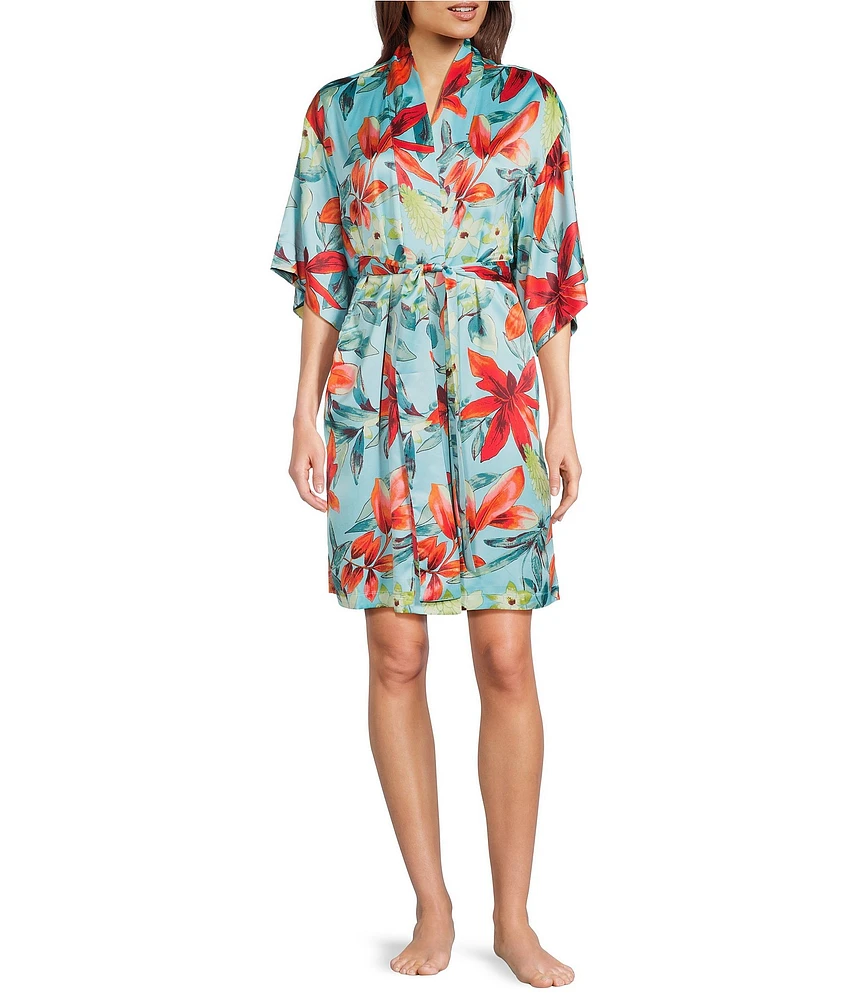 N by Natori Satin Tropical Breeze 3/4 Sleeve Belt Tie Coordinating Short Robe