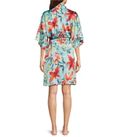 N by Natori Satin Tropical Breeze 3/4 Sleeve Belt Tie Coordinating Short Robe