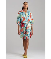 N by Natori Satin Tropical Breeze 3/4 Sleeve Belt Tie Coordinating Short Robe