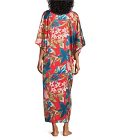 N by Natori Satin Tropical Breeze Print 3/4 Sleeve V-Neck Butterfly Caftan