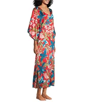 N by Natori Satin Tropical Breeze Print 3/4 Sleeve V-Neck Butterfly Caftan