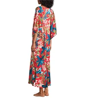 N by Natori Satin Tropical Breeze Print 3/4 Sleeve V-Neck Butterfly Caftan