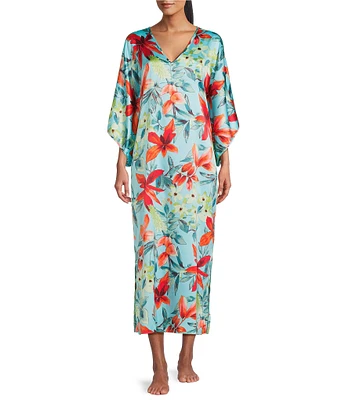 N by Natori Satin Tropical Breeze Print 3/4 Sleeve V-Neck Butterfly Caftan