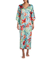 N by Natori Satin Tropical Breeze Print 3/4 Sleeve V-Neck Butterfly Caftan