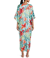 N by Natori Satin Tropical Breeze Print 3/4 Sleeve V-Neck Butterfly Caftan