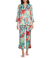 N by Natori Satin Tropical Breeze Print Long Sleeve Mandarin Collar Pajama Set