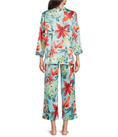 N by Natori Satin Tropical Breeze Print Long Sleeve Mandarin Collar Pajama Set