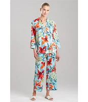 N by Natori Satin Tropical Breeze Print Long Sleeve Mandarin Collar Pajama Set