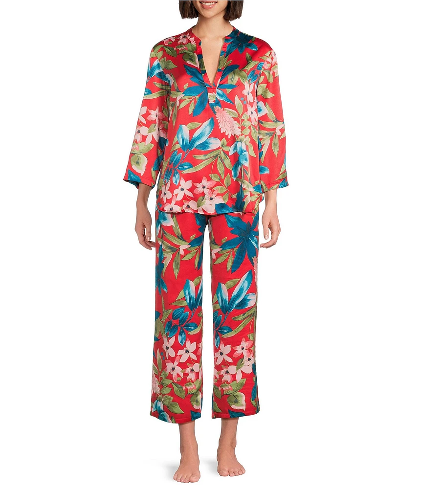 N by Natori Satin Tropical Breeze Print Long Sleeve Mandarin Collar Pajama Set