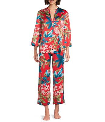 N by Natori Satin Tropical Breeze Print Long Sleeve Mandarin Collar Pajama Set