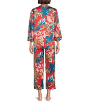 N by Natori Satin Tropical Breeze Print Long Sleeve Mandarin Collar Pajama Set