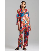 N by Natori Satin Tropical Breeze Print Long Sleeve Mandarin Collar Pajama Set