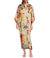 N by Natori Satin Winter Peony 3/4 Sleeve Mandarin Collar Butterfly Caftan