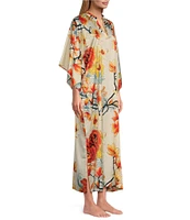 N by Natori Satin Winter Peony 3/4 Sleeve Mandarin Collar Butterfly Caftan