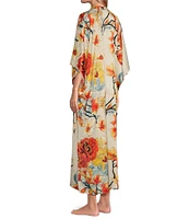 N by Natori Satin Winter Peony 3/4 Sleeve Mandarin Collar Butterfly Caftan