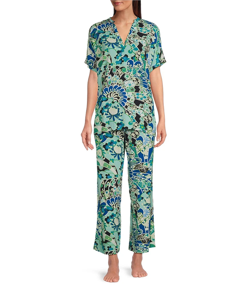 N By Natori Short Sleeve Mandarin Collar Woven Challis Fan Print Pajama Set
