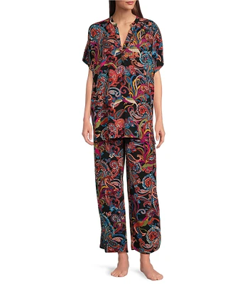 N By Natori Short Sleeve Mandarin Collar Woven Challis Printed Pajama Set