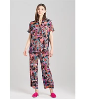 N By Natori Short Sleeve Mandarin Collar Woven Challis Printed Pajama Set