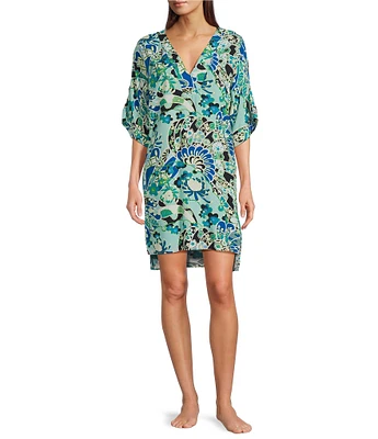 N By Natori Short Sleeve V-Neck Woven Challis Fan Print Nightshirt