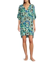 N By Natori Short Sleeve V-Neck Woven Challis Fan Print Nightshirt