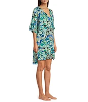 N By Natori Short Sleeve V-Neck Woven Challis Fan Print Nightshirt