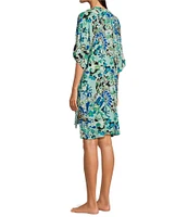 N By Natori Short Sleeve V-Neck Woven Challis Fan Print Nightshirt