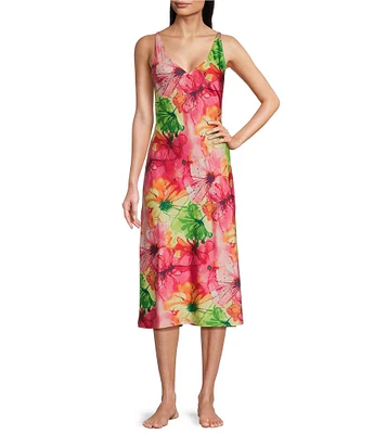 N by Natori Sleeveless V-Neck Satin Floral Print Coordinating Nightgown