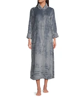 N by Natori Solid Plush Faux Lynx Fur Zip Front Cozy Caftan Robe