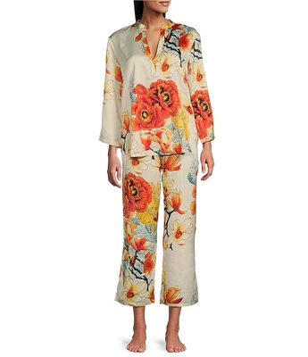 N by Natori Winter Peony Satin Long Sleeve Mandarin Collar Coordinating Pajama Set