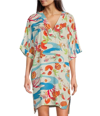 N by Natori Woven Short Sleeve V-Neck Reef Print Nightshirt